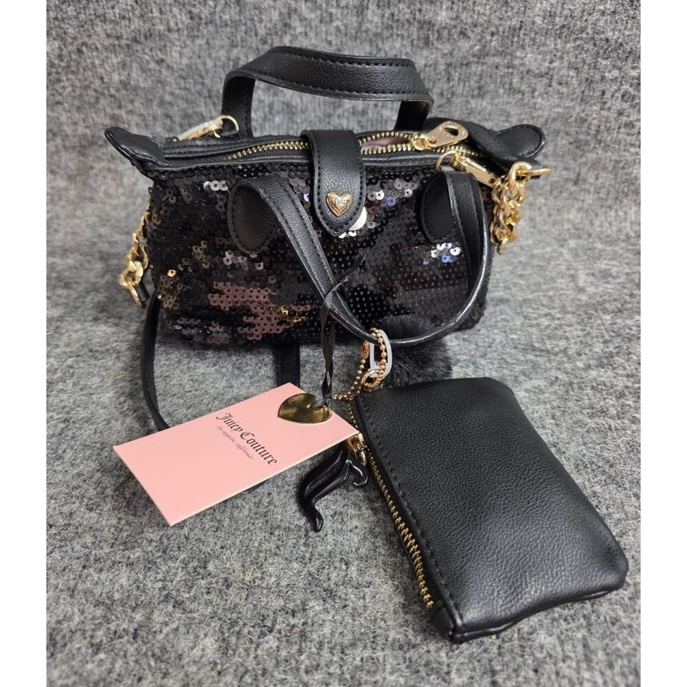 Juicy Couture Black Sequin Cutesy Mini Tote With Gold Accents Leather Coin Pouch